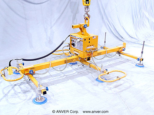 ANVER Six Pad Electric Powered Lifter with Extended Pad Suspensions, Adjustable Handlebars, Off-Set Bail, Cross-Mounted Generator and Custom Center Crossarm for Lifting & Handling Fiberglass Hoods 10 ft x 6 ft (3.0 m x 1.8 m) up to 600 lb (272 kg)
